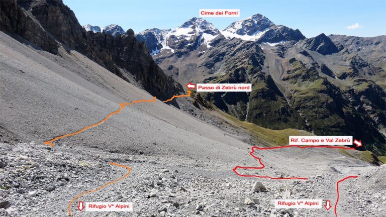 la discesa dal V° Alpini verso la Val Zebru (in arancio verso il Passo di Zebru Nord