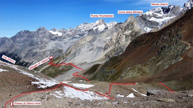 la discesa dal Passo Zebru Nord verso il Rifugio V Alpini