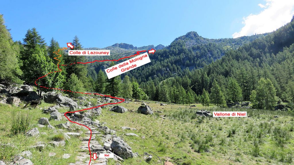 la salita da Niel verso il Colle della Mologna