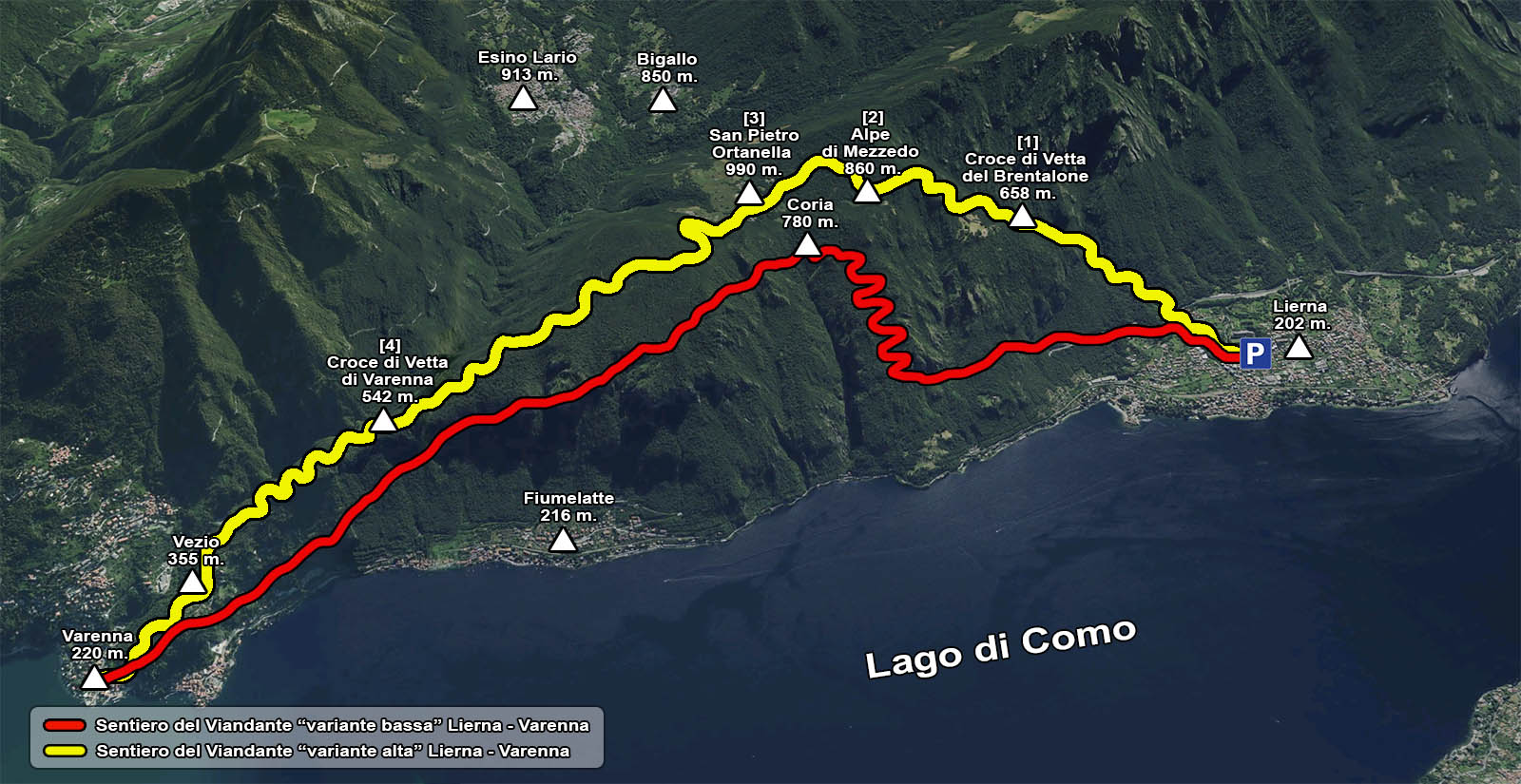 mappa sentiero del viandante variante bassa e variante alta lierna varenna